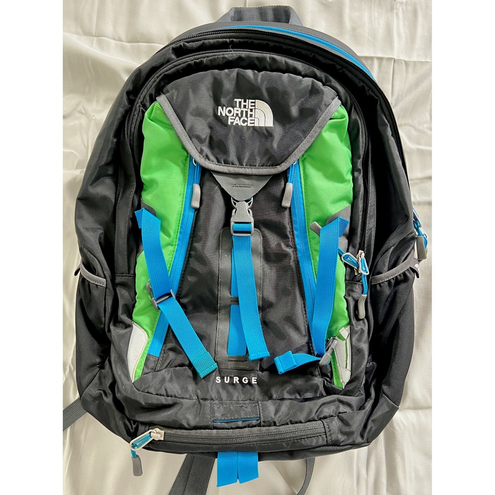The North Face Surge Backpack 33L Black Green Blue 2010s Laptop Hiking Bag